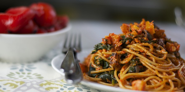 Romesco Spaghetti with Spinach & Squash