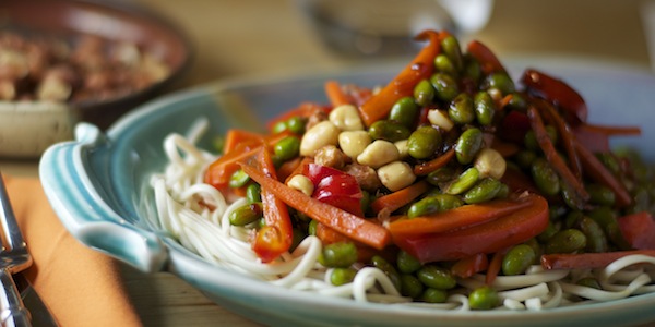 Kung Pao Edamame with Udon Noodles